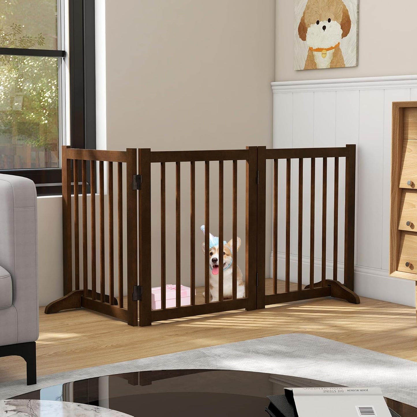 36" H Freestanding Dog Gate, Solid Wood Foldable Pet Gate with Support Feet, Wooden Tall Dog Gate for Doorway, Stairs & Indoor Use, 60" Wide Expandable Pet Fence, 3 Panels, Walnut