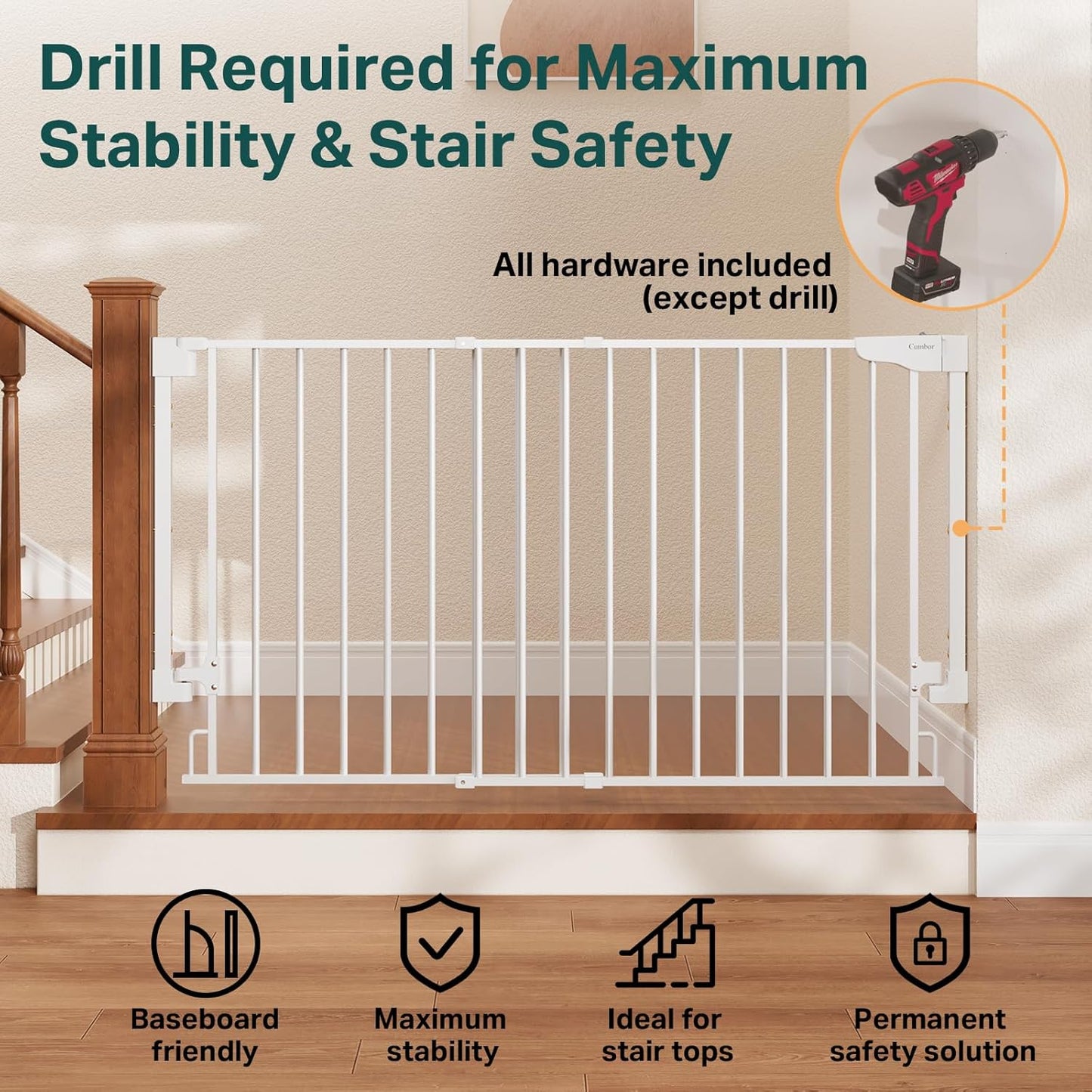 Cumbor 29.2–43" Baby Gate for Stairs, Hardware Mounted (Drill Required), Expandable No Bottom Bar Dog Gate, Auto Close Extra Wide Walk Thru, Pet & Toddler Proof Gate, Top & Bottom of Stairways(Black)