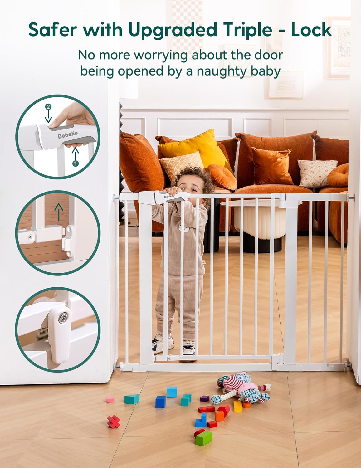Babelio 36" Tall Auto Close Baby Gate with Small Cat Door, 29-43" Metal Cat Gate for Doorway, Stairs, House. Easy Walk Thru Dog Gate with pet Door, Includes 4 Wall Cups and 3 Extension Pieces, Black