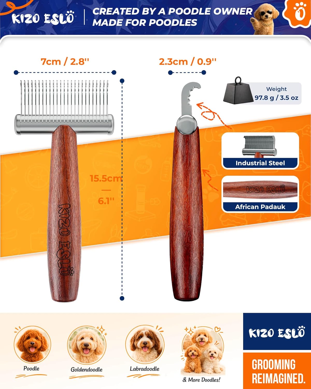 KIZO ESLO Dog Dematting Brush & Undercoat Rake for Doodles, Poodles & Long-Haired Pets, Detangling Comb for Thick Curly Coats, Removes Mats, Knots & Tangles, Stainless Steel Teeth with Wooden Handle