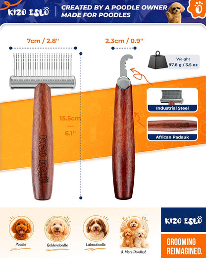 KIZO ESLO Dog Dematting Brush & Undercoat Rake for Doodles, Poodles & Long-Haired Pets, Detangling Comb for Thick Curly Coats, Removes Mats, Knots & Tangles, Stainless Steel Teeth with Wooden Handle