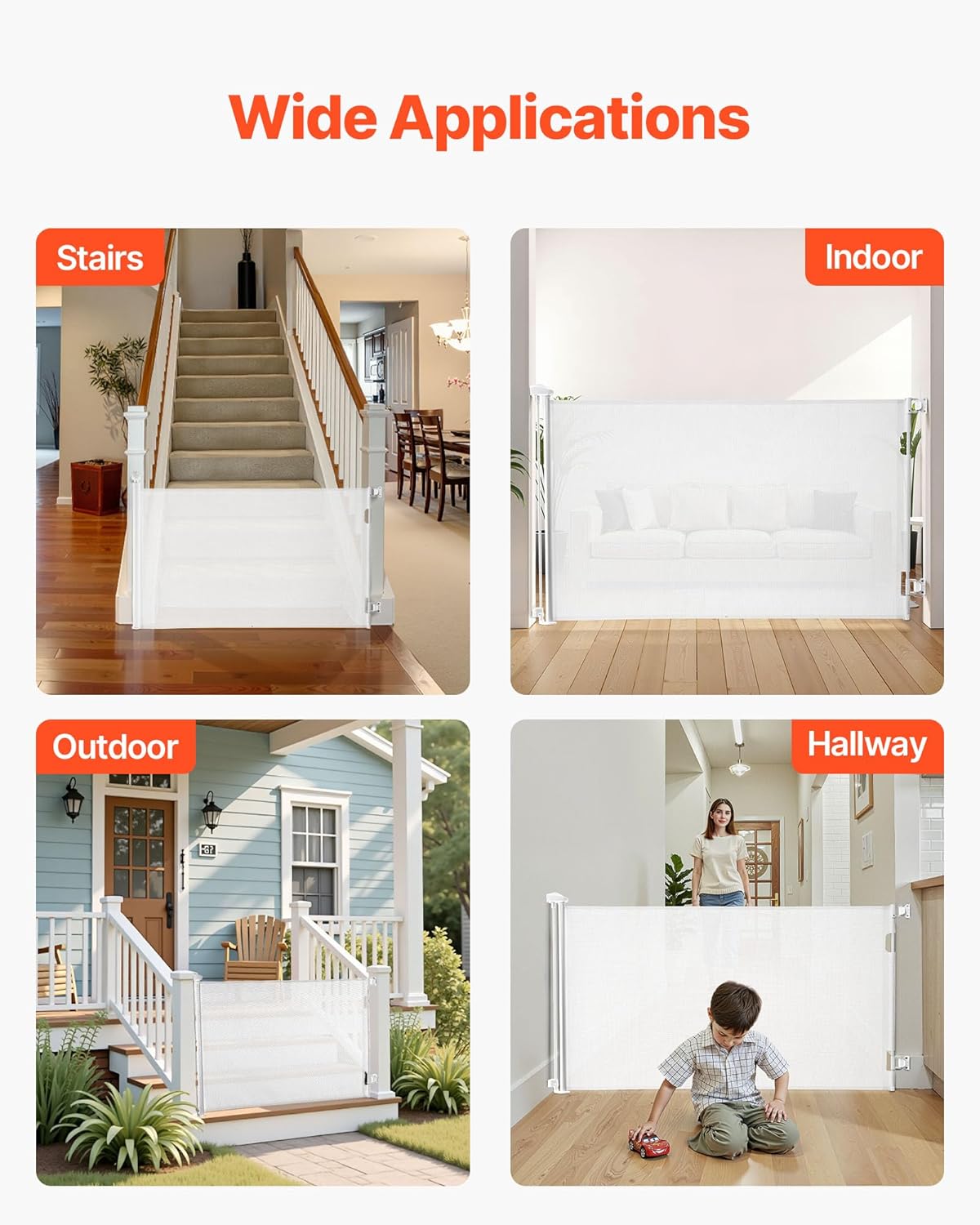 VEVOR Retractable Baby Gate, Extends to 202.7 inch Extra Wide, 39 inch Tall, with Reinforced Fiberglass Strips, Avoids Crawling Through, Mesh Dog Gate for Decks, Doorways, Garages, Indoor, Black