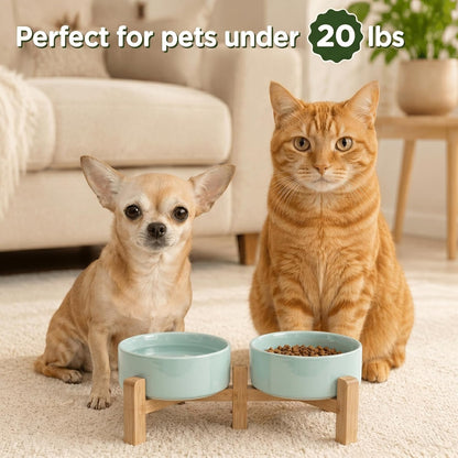 SPUNKYJUNKY Elevated Dog Bowls Ceramic, 6.1'' Dogs and Cat Food Water Bowls Raised with Non-Slip Bamboo Stand for Medium Sized Breed Microwave Dishwasher Safe - 28.7 OZ,Beige