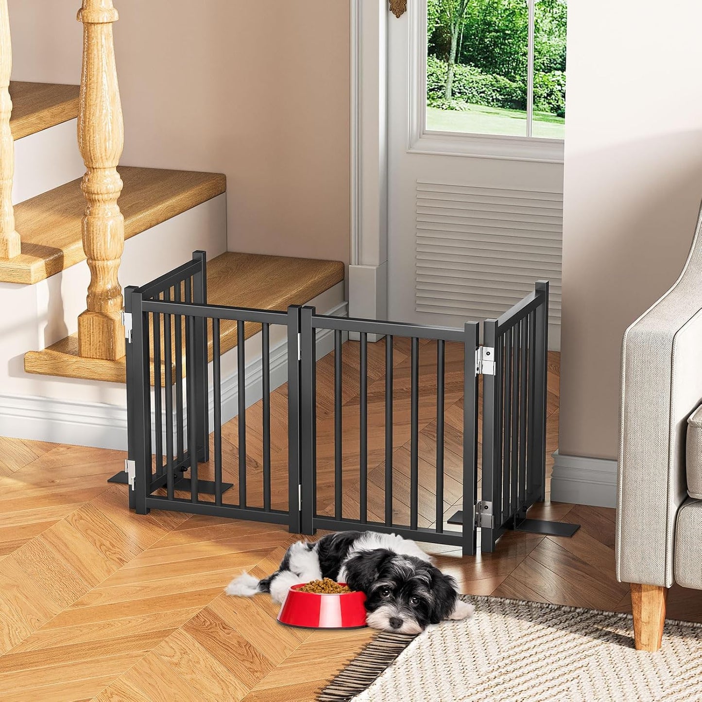 Snughome Short Dog Gate Indoor, 16" High Freestanding Small Dog Door Gates with Support Feet, Expands Up to 48’’ Wide Foldable Pet Gate for Doorway, 4 Panel Folding Pet Door Pet Fence for Puppy, White