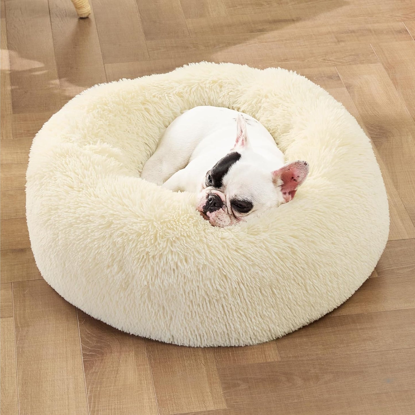 Bedsure Calming Dog Bed Medium Size Dog - Donut Washable Medium Pet Bed, 30 inches Anti-Slip Round Fluffy Plush Faux Fur Cat Bed, Fits up to 45 lbs Pets, Camel