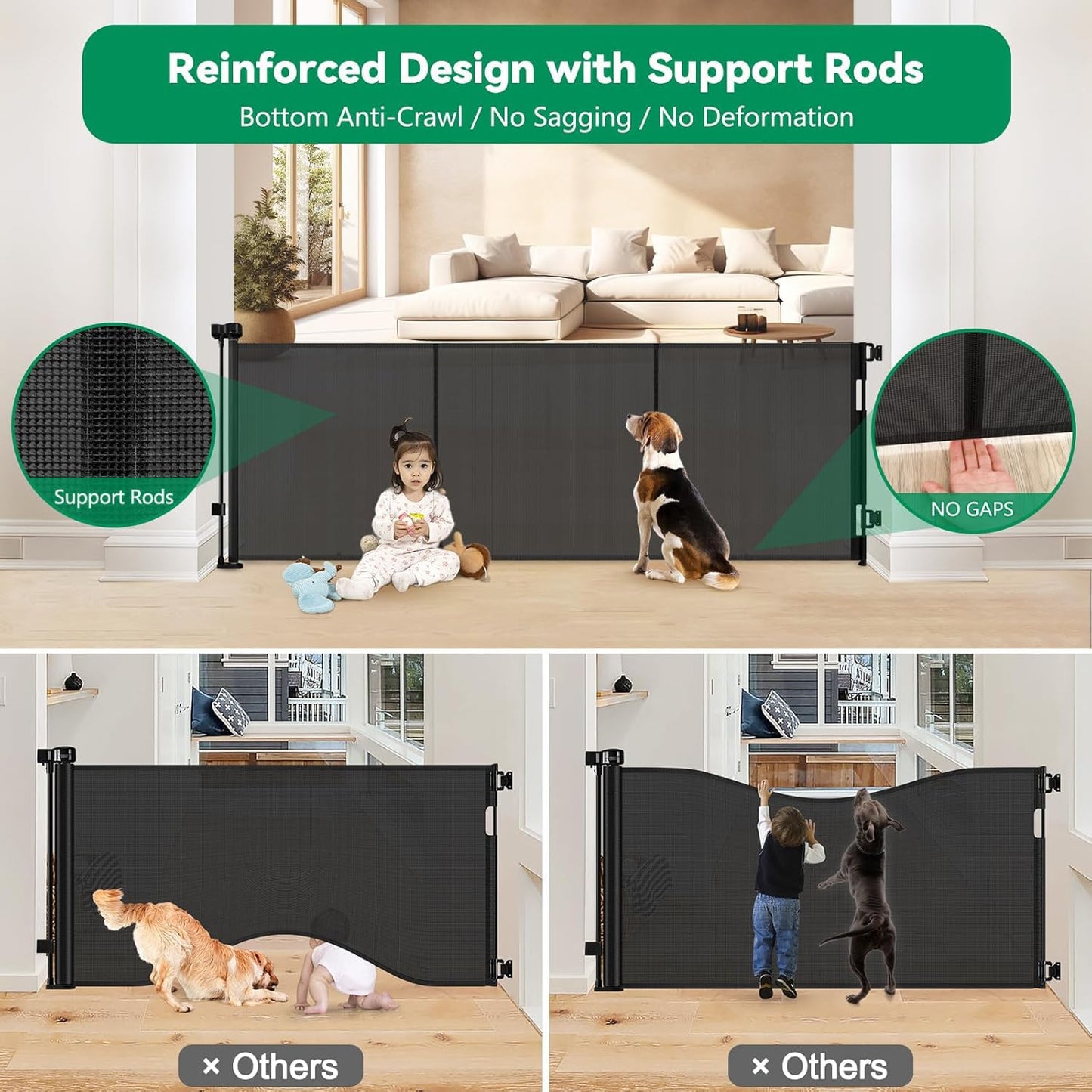 Reinforced 85 Inch Wide Retractable Dog Gate Extra Long Baby Gate with Support Rods – Prevent Crawling Under, Indoor Extra Wide Retractable Baby Gate Retractable Gate Outdoor Gates for Decks, White