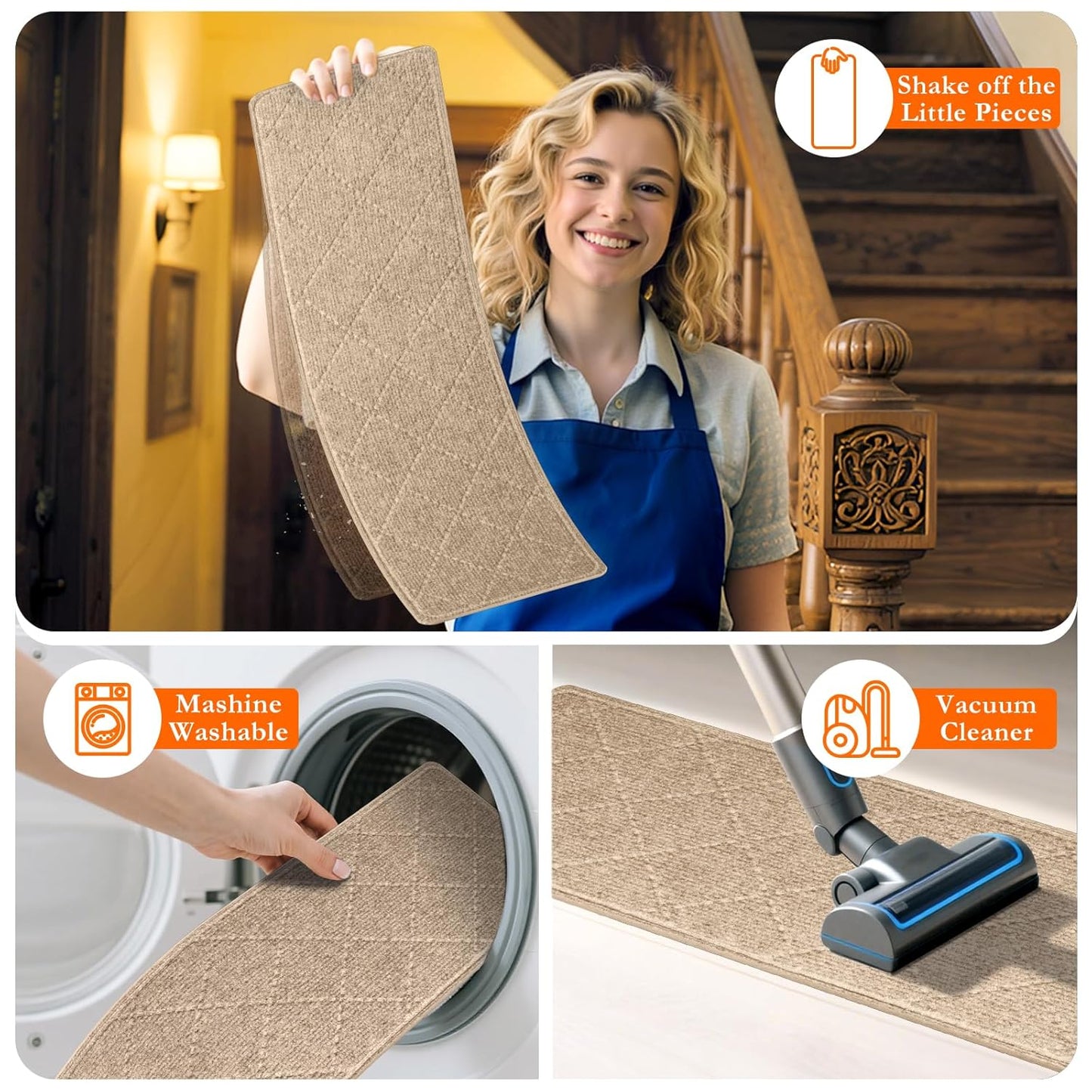 Stair Treads for Wooden Steps 15 PCS - 8’’ x 30’’, Non Slip Stair Runner, Machine Washable Stair Rugs Strips for Kids Pets and Elderly, Indoor Carpet for Stairs (Grey)