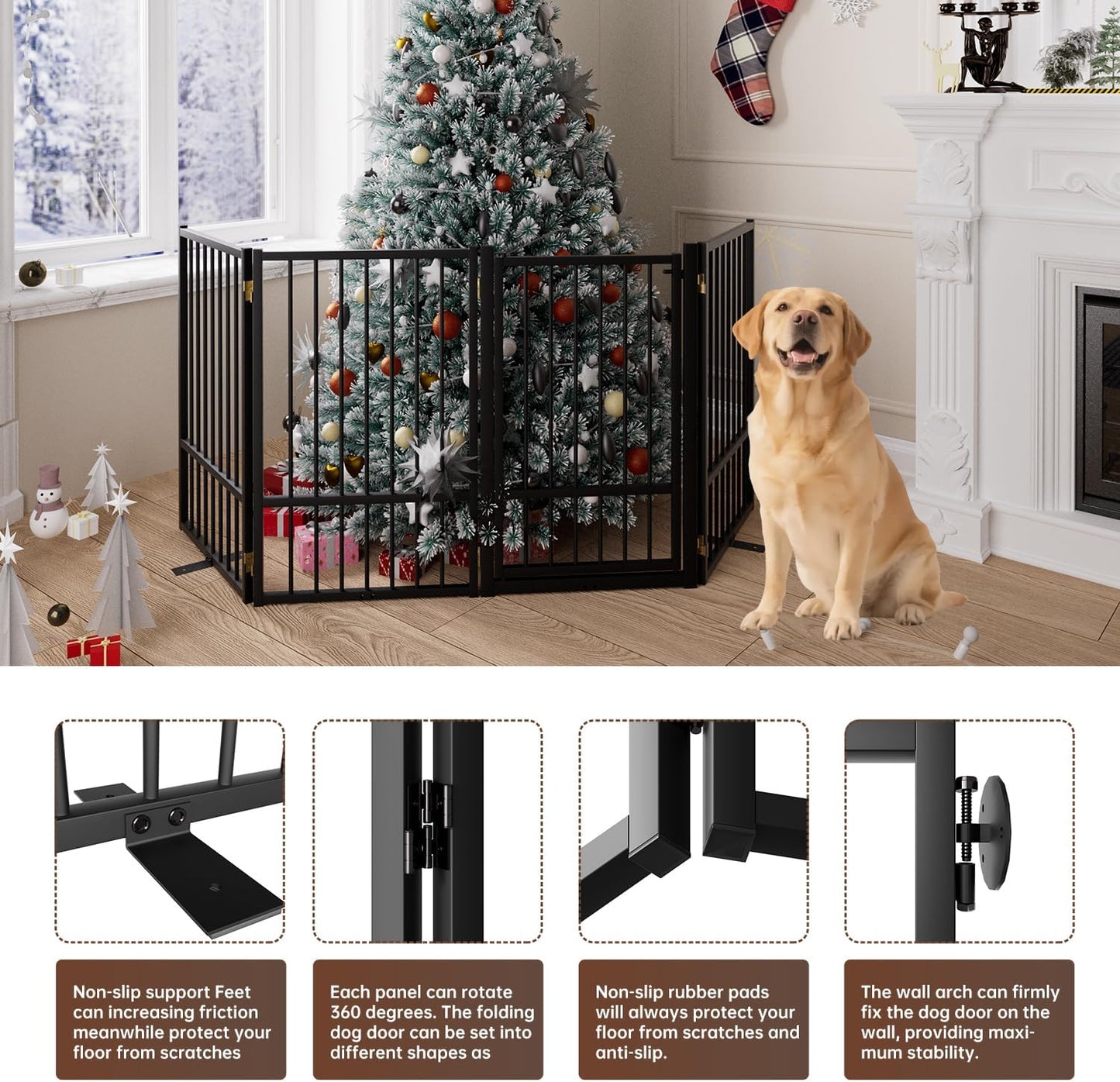 4 Panels Full Metal Freestanding Dog Gates with Door, 80” W x 32” H Folding Pet Gate Fence with Support Feet for Indoor,Stairs, Hallways and Doorways(Black)