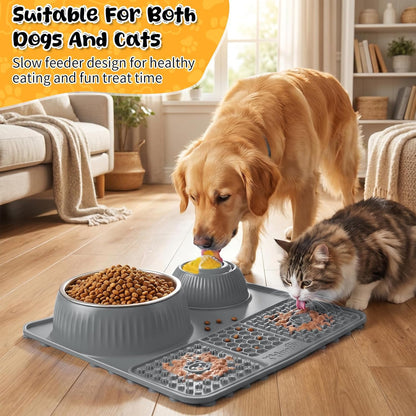 Dog Lick Bowl with Rolling Ball for Liquid and Thick Treat—3 in 1 Slow Feeder Dog Bowls+Lick Mat+50oz Stainless Steel Food Bowl,Anti-Slip 5/6 Cup Licking Toy for Medium Large Dogs and Cats Grey