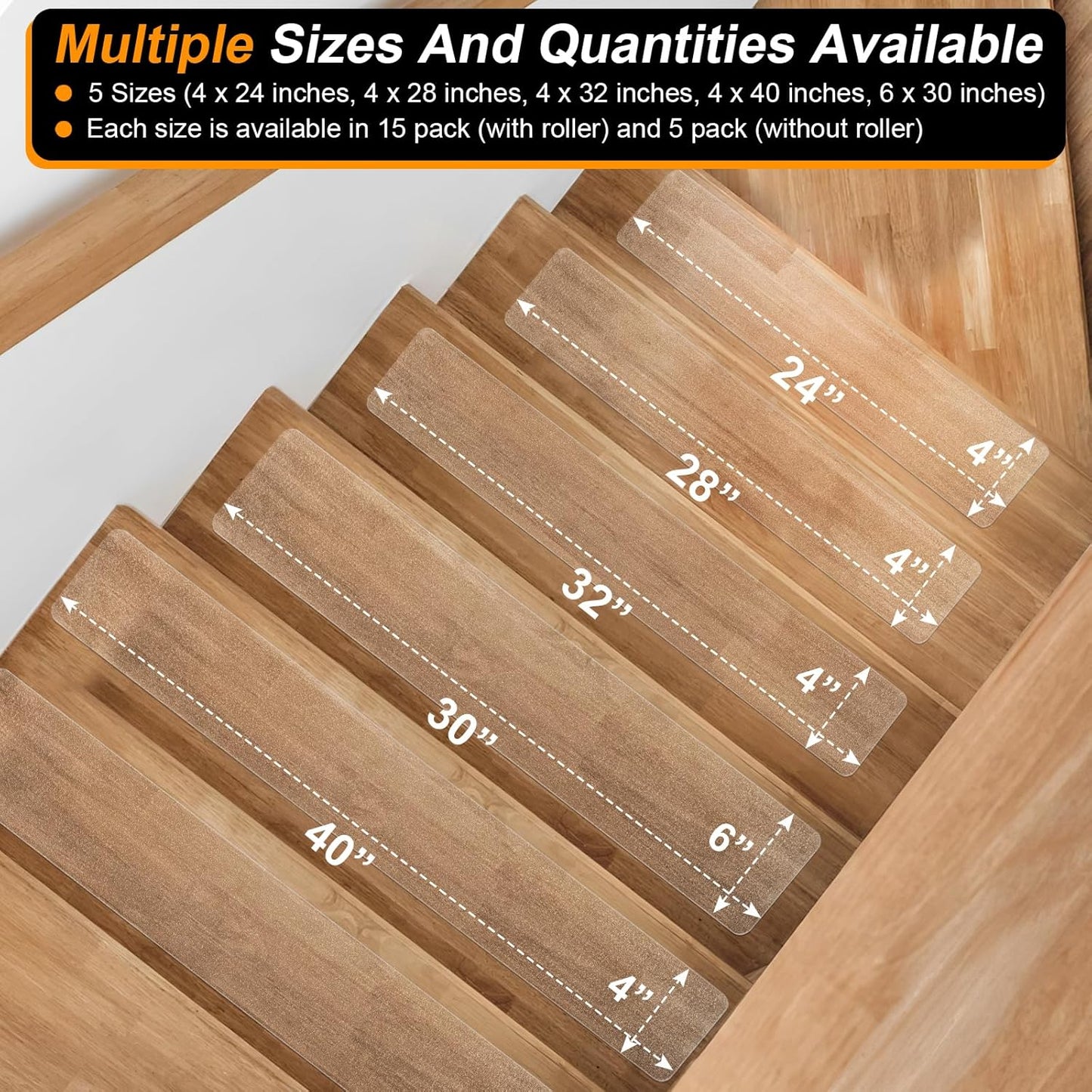 SMILOOL Clear Non-Slip Treads for Wooden Steps Indoor 15 Pack 4" x 24" Pre-Cut Anti-Slip Strips, Transparent Grip Tape for Wood Stairs, Waterproof Step Grips for Dogs, Kids and Pets