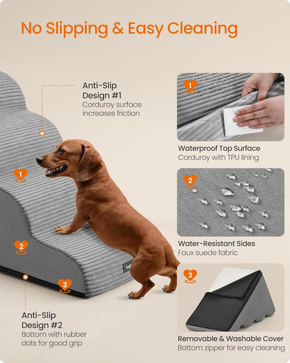 Feandrea 3-Step Dog Stairs, Dog Steps for Bed, Sofa, Waterproof Pet Stairs with Anti-Slip Designs, Gentle Slope, Removable Washable Cover, Handle, Dove Gray UPPS003G01