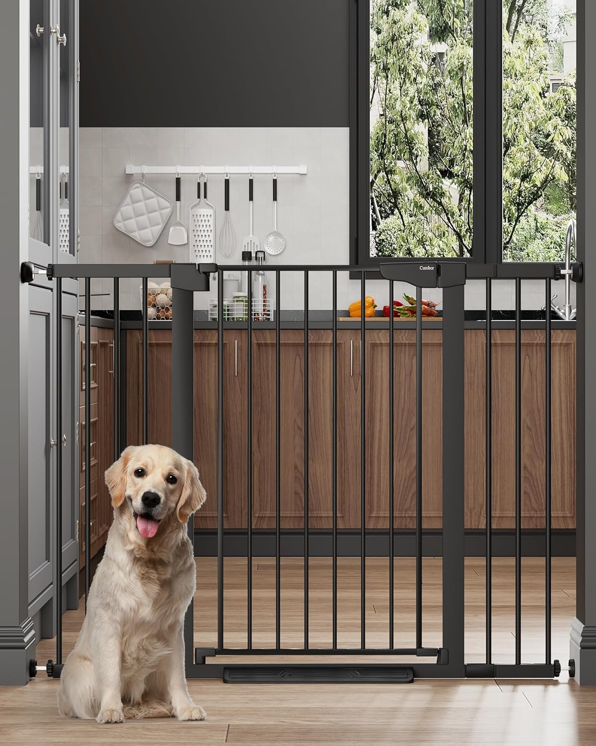 Cumbor 36.6-64" Extra Wide Baby Gate for Stairs, Dog Gates for Doorways, Auto-Close Pet Gate Indoor, Pressure Mounted Walk Through Safety Child Gate for Kids Toddler, Tall Pet Puppy Fence Gate, Brown