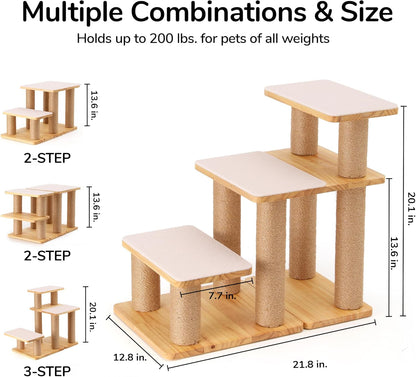 FUKUMARU 3-in-1 Pet Stairs, Retro-style Dog Steps for Cats and Small Dogs, Wooden Cat Stairs for High Bed with Scratching Post, Dog Ramp for Couch with Cat Condo Cave, Easy to Clean & Aesthetic Design