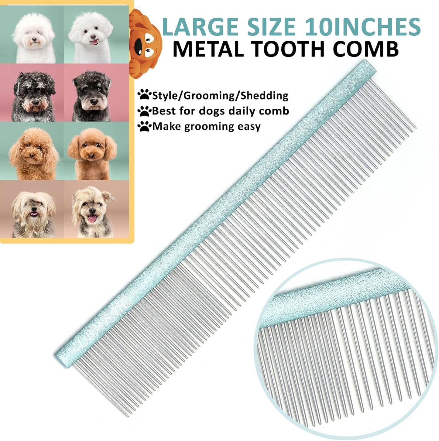 Metal Dog Grooming Comb for Shedding Tangles,Knots,Mats.Dog Combs With Long Wide Tooth for Long Thick Curly Hair Metal Pet Comb for Poodles and Goldendoodles Dematting.7.5INCHES.(Blue)