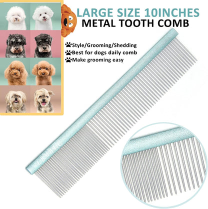 Metal Dog Grooming Comb for Shedding Tangles,Knots,Mats.Dog Combs With Long Wide Tooth for Long Thick Curly Hair Metal Pet Comb for Poodles and Goldendoodles Dematting.7.5INCHES.(Blue)