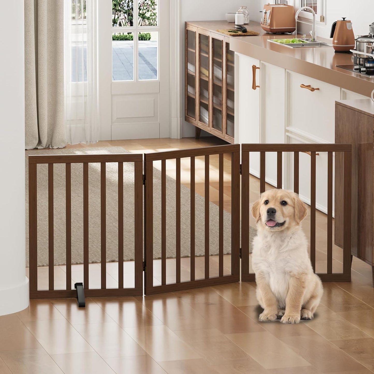 Freestanding Foldable Dog Gate - 4 Panel Room Divider with Metal Support Feet (Black)