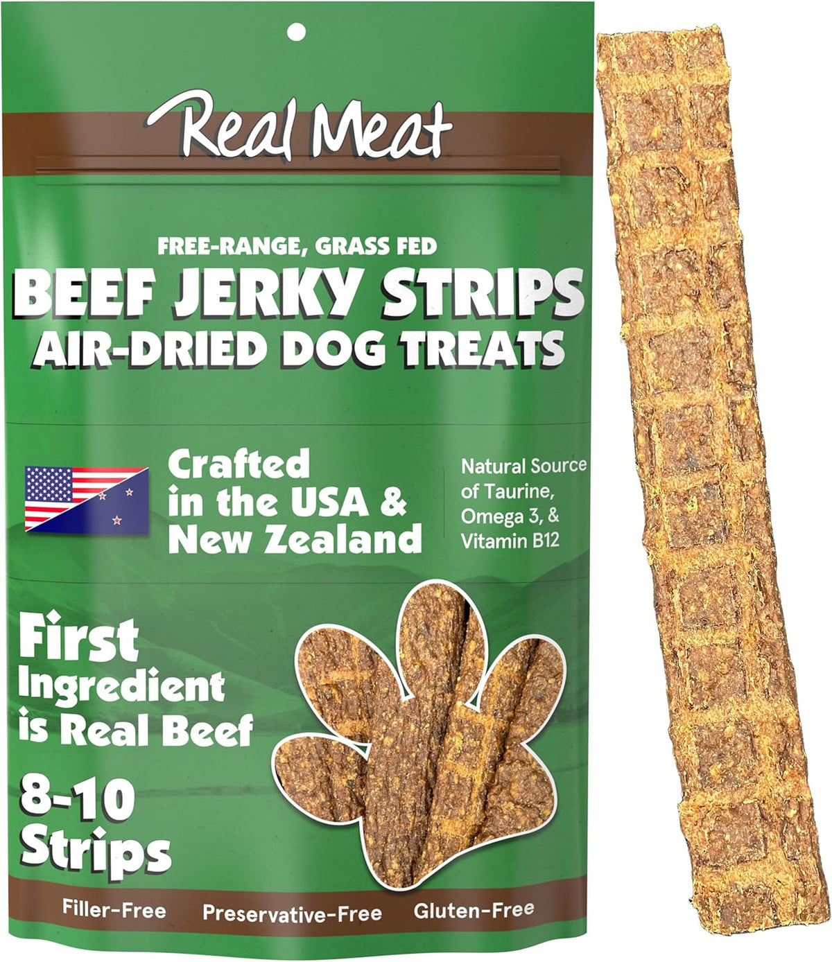 TRMC Real Meat Beef Jerky Dog Treats - 8 Air-Dried Strips of Jerky- Grain-Free Pet Snacks Made up of 95% Free-Range Grass Fed Beef - All-Natural