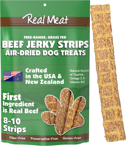 TRMC Real Meat Beef Jerky Dog Treats - 8 Air-Dried Strips of Jerky- Grain-Free Pet Snacks Made up of 95% Free-Range Grass Fed Beef - All-Natural