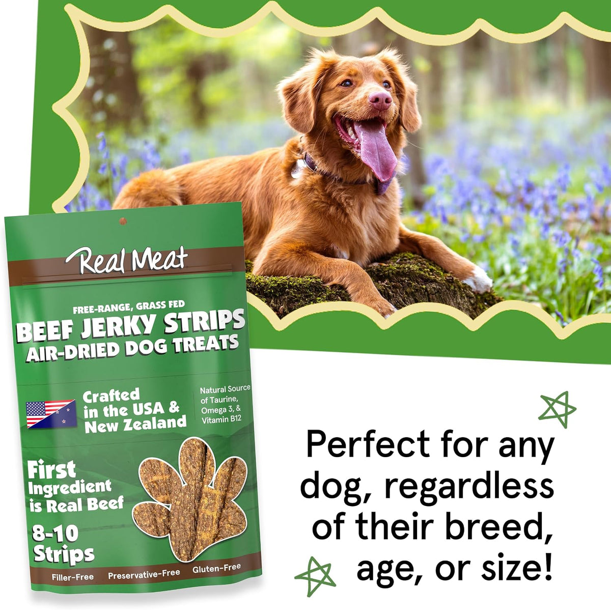 TRMC Real Meat Beef Jerky Dog Treats - 8 Air-Dried Strips of Jerky- Grain-Free Pet Snacks Made up of 95% Free-Range Grass Fed Beef - All-Natural