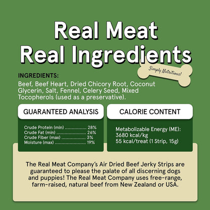 TRMC Real Meat Beef Jerky Dog Treats - 8 Air-Dried Strips of Jerky- Grain-Free Pet Snacks Made up of 95% Free-Range Grass Fed Beef - All-Natural
