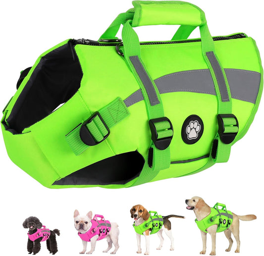 Dog Life Vest High Buoyancy Safety Jacket with Rescue Handle, Dog Swim Vest with Zipper, Reflective Adjustable Dog Flotation Vest for Water Swimming Boating - Green, M