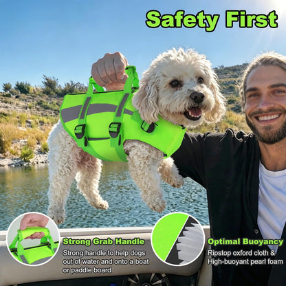 Dog Life Vest High Buoyancy Safety Jacket with Rescue Handle, Dog Swim Vest with Zipper, Reflective Adjustable Dog Flotation Vest for Water Swimming Boating - Green, M