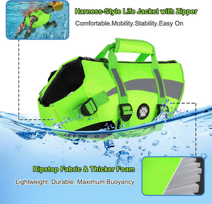 Dog Life Vest High Buoyancy Safety Jacket with Rescue Handle, Dog Swim Vest with Zipper, Reflective Adjustable Dog Flotation Vest for Water Swimming Boating - Green, M