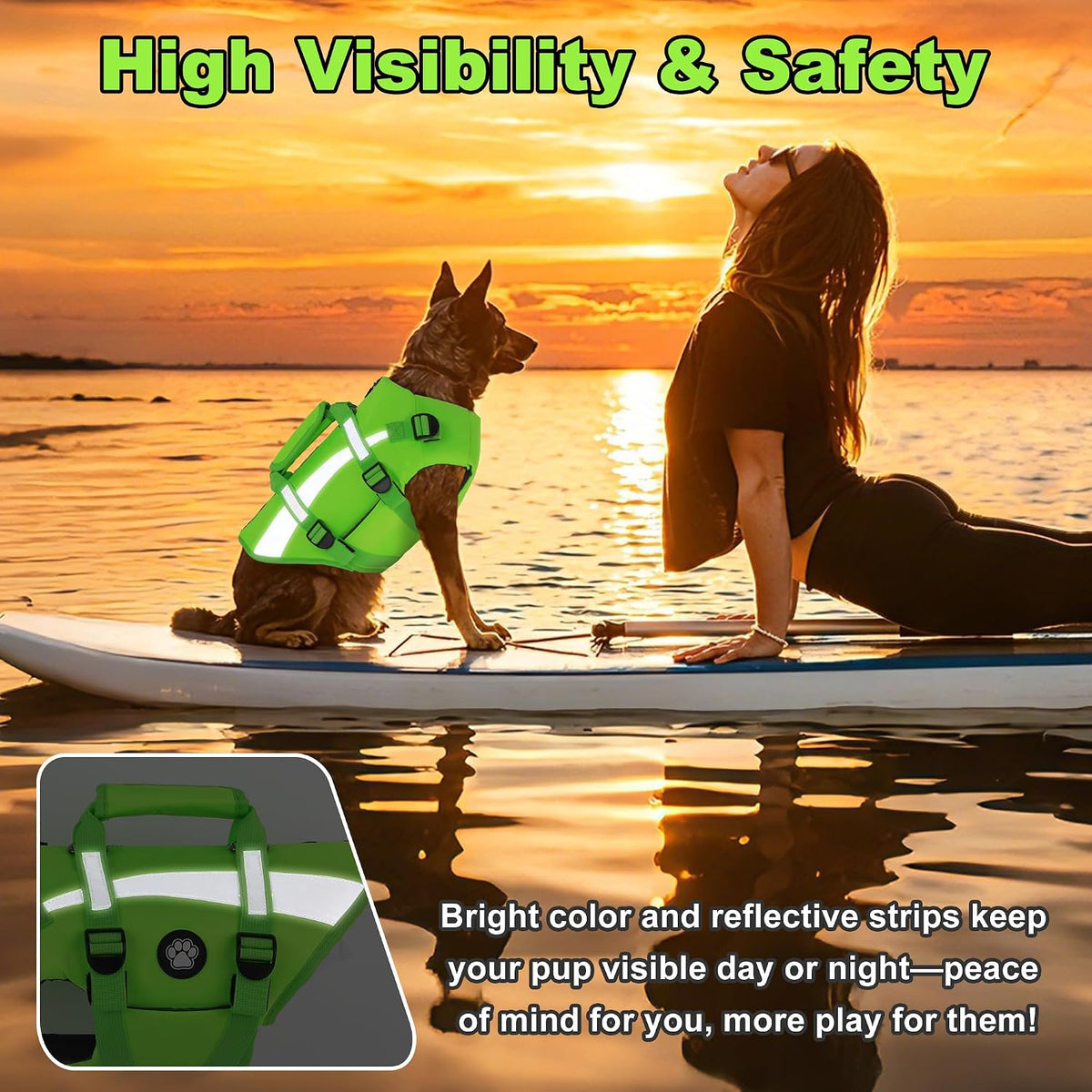 Dog Life Vest High Buoyancy Safety Jacket with Rescue Handle, Dog Swim Vest with Zipper, Reflective Adjustable Dog Flotation Vest for Water Swimming Boating - Green, M