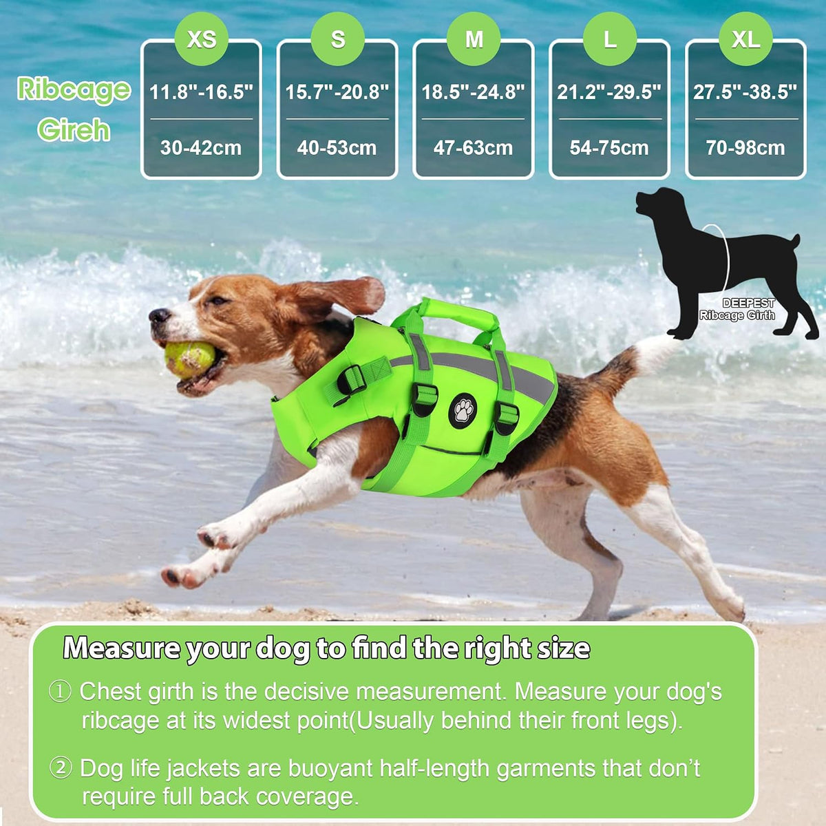 Dog Life Vest High Buoyancy Safety Jacket with Rescue Handle, Dog Swim Vest with Zipper, Reflective Adjustable Dog Flotation Vest for Water Swimming Boating - Green, M