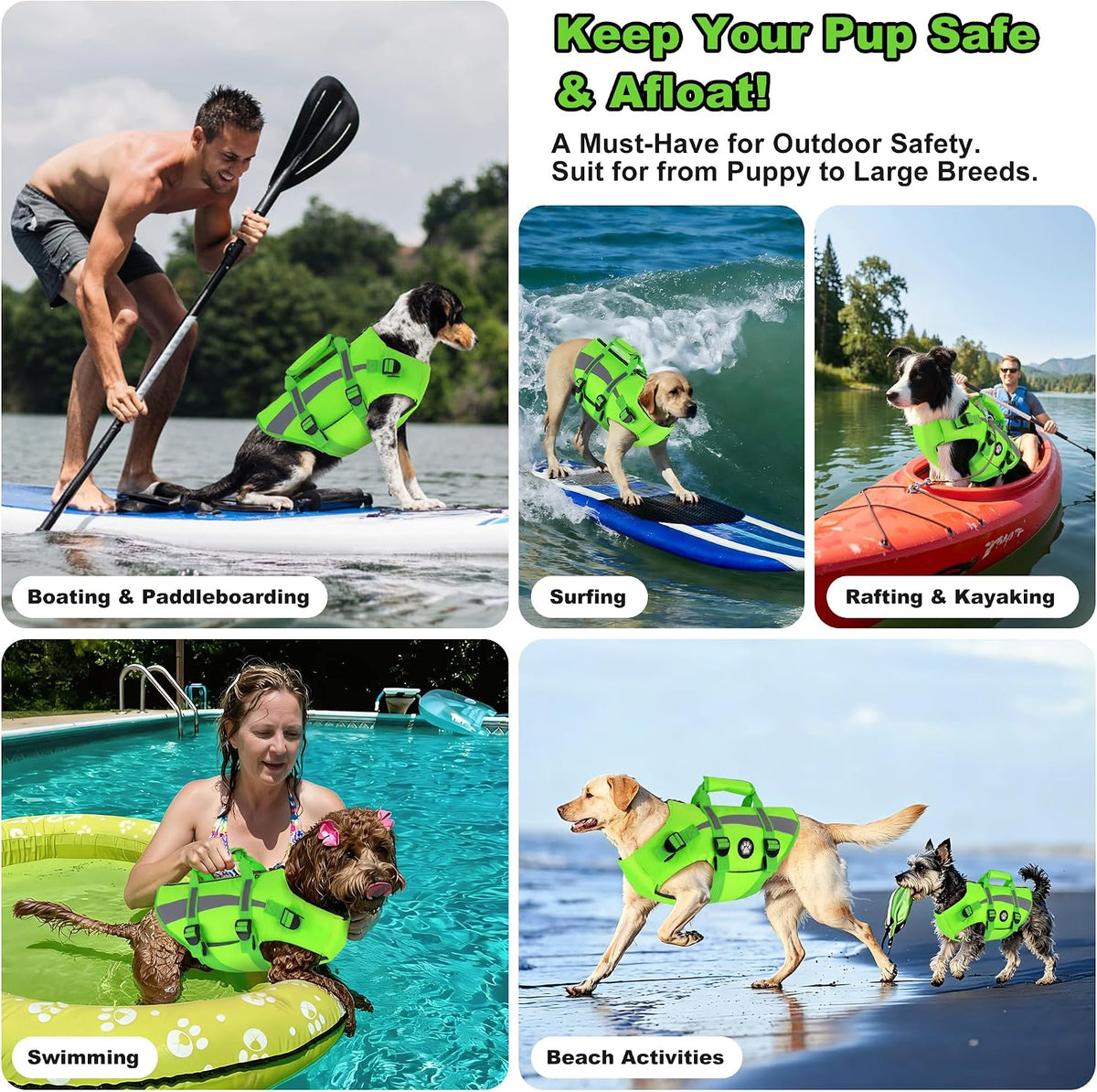 Dog Life Vest High Buoyancy Safety Jacket with Rescue Handle, Dog Swim Vest with Zipper, Reflective Adjustable Dog Flotation Vest for Water Swimming Boating - Green, M