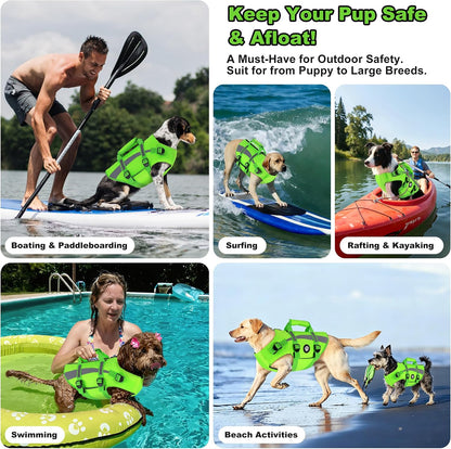 Dog Life Vest High Buoyancy Safety Jacket with Rescue Handle, Dog Swim Vest with Zipper, Reflective Adjustable Dog Flotation Vest for Water Swimming Boating - Green, M