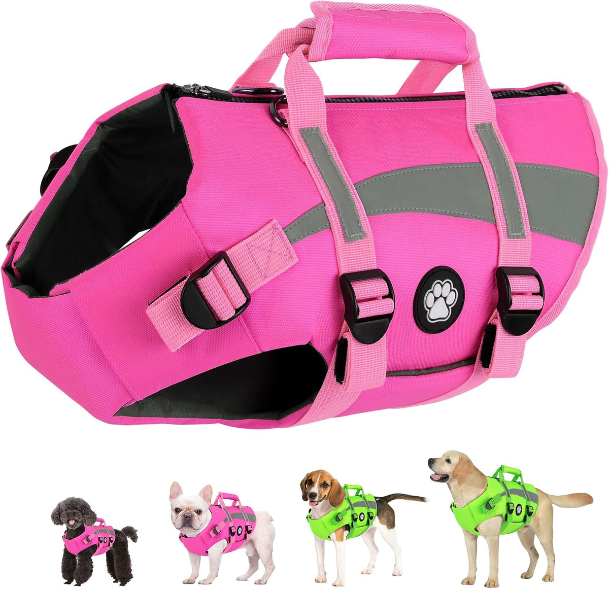 Dog Life Vest High Buoyancy Safety Jacket with Rescue Handle, Dog Swim Vest with Zipper, Reflective Adjustable Dog Flotation Vest for Water Swimming Boating - Green, M