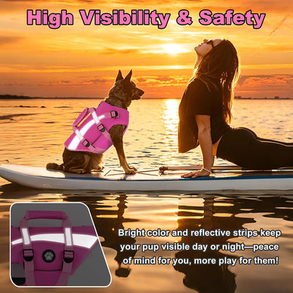 Dog Life Vest High Buoyancy Safety Jacket with Rescue Handle, Dog Swim Vest with Zipper, Reflective Adjustable Dog Flotation Vest for Water Swimming Boating - Green, M