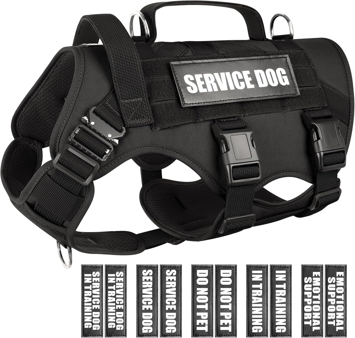 Service Dog Vest Harness for Large Dog, Tactical Working MOLLE Vest with 10 Pet Patches, No Pull Heavy Duty Harness for Training Walking