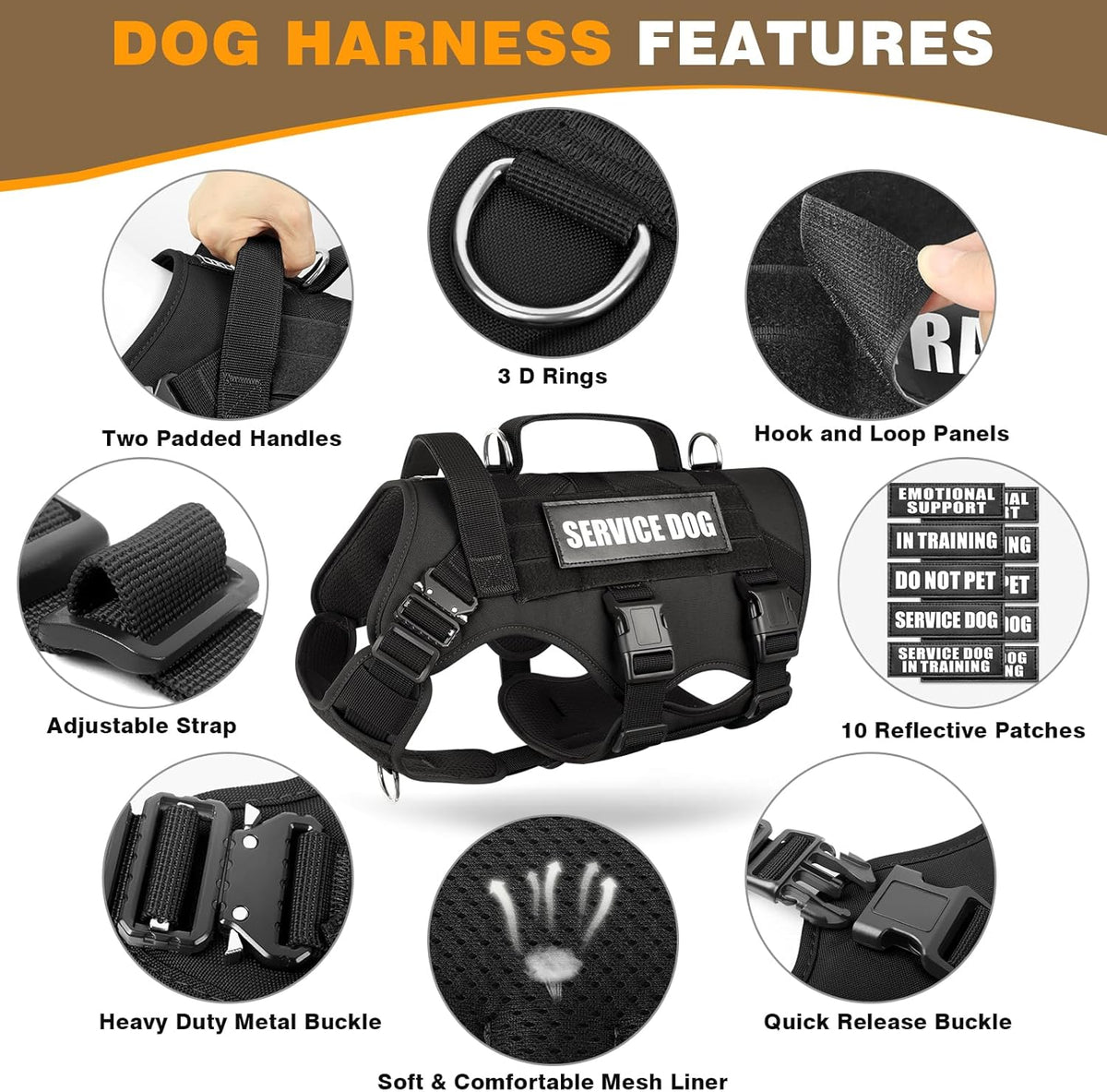 Service Dog Vest Harness for Large Dog, Tactical Working MOLLE Vest with 10 Pet Patches, No Pull Heavy Duty Harness for Training Walking