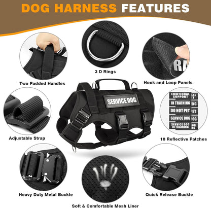 Service Dog Vest Harness for Large Dog, Tactical Working MOLLE Vest with 10 Pet Patches, No Pull Heavy Duty Harness for Training Walking