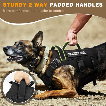 Service Dog Vest Harness for Large Dog, Tactical Working MOLLE Vest with 10 Pet Patches, No Pull Heavy Duty Harness for Training Walking