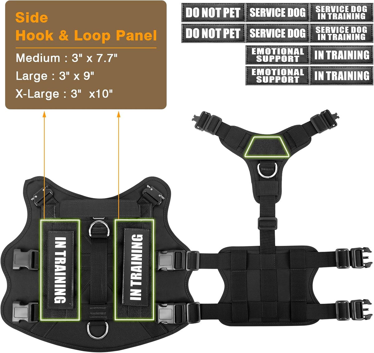 Service Dog Vest Harness for Large Dog, Tactical Working MOLLE Vest with 10 Pet Patches, No Pull Heavy Duty Harness for Training Walking