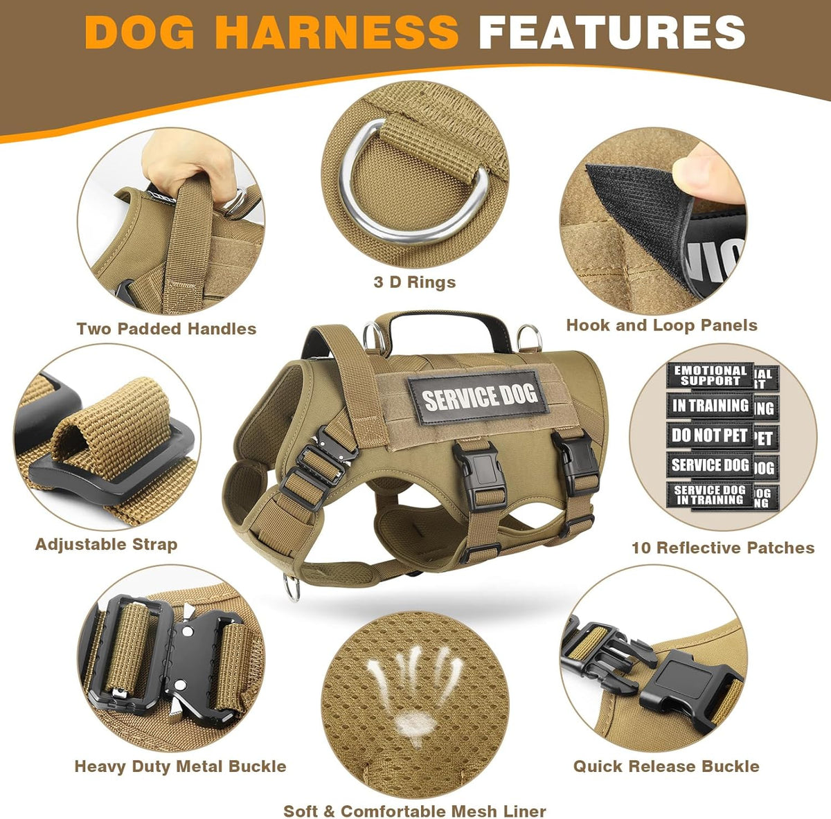 Service Dog Vest Harness for Large Dog, Tactical Working MOLLE Vest with 10 Pet Patches, No Pull Heavy Duty Harness for Training Walking