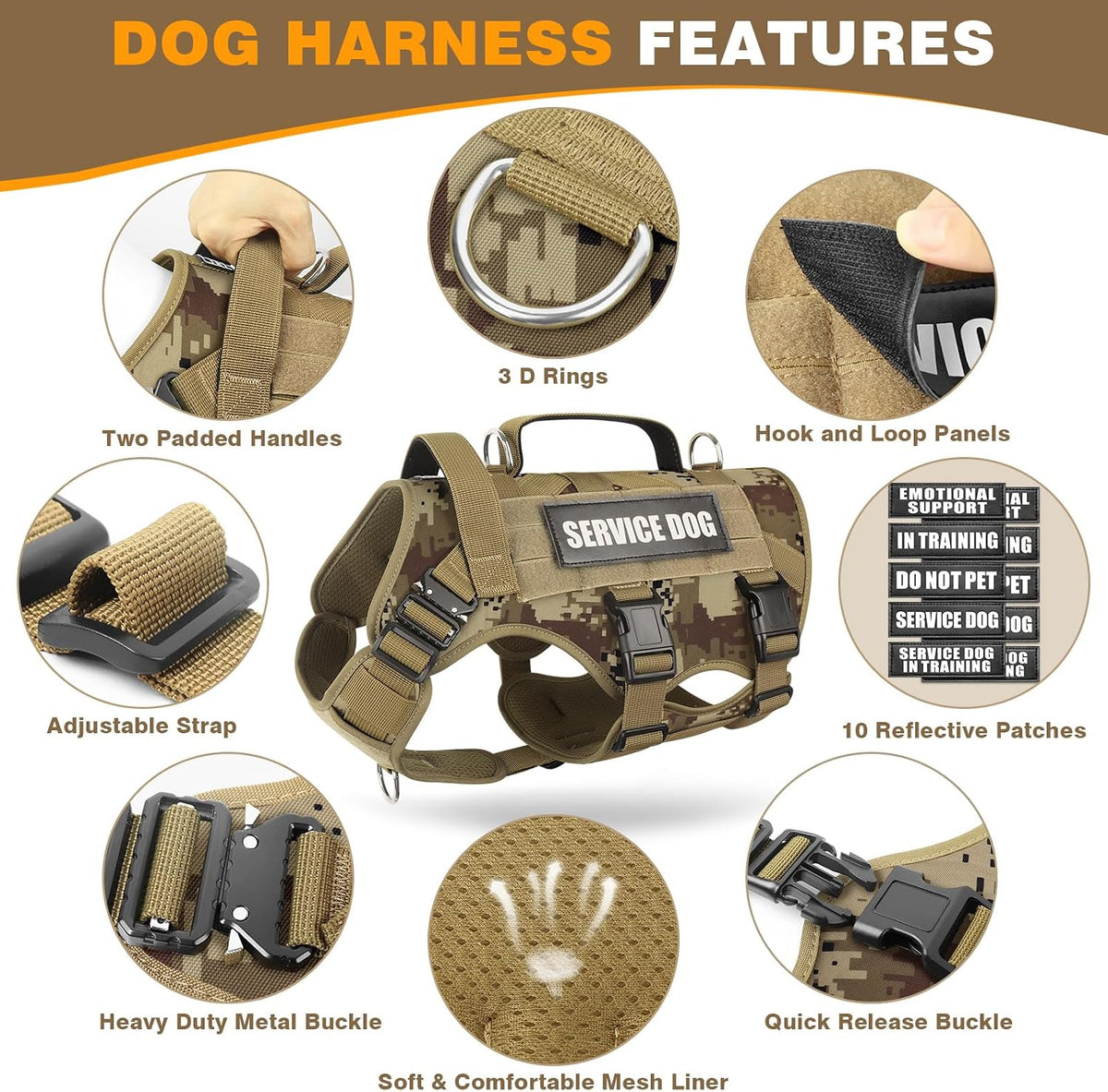 Service Dog Vest Harness for Large Dog, Tactical Working MOLLE Vest with 10 Pet Patches, No Pull Heavy Duty Harness for Training Walking