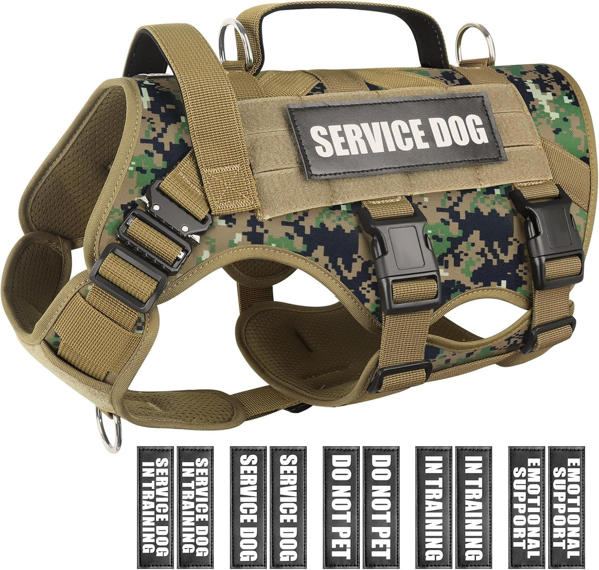 Service Dog Vest Harness for Large Dog, Tactical Working MOLLE Vest with 10 Pet Patches, No Pull Heavy Duty Harness for Training Walking