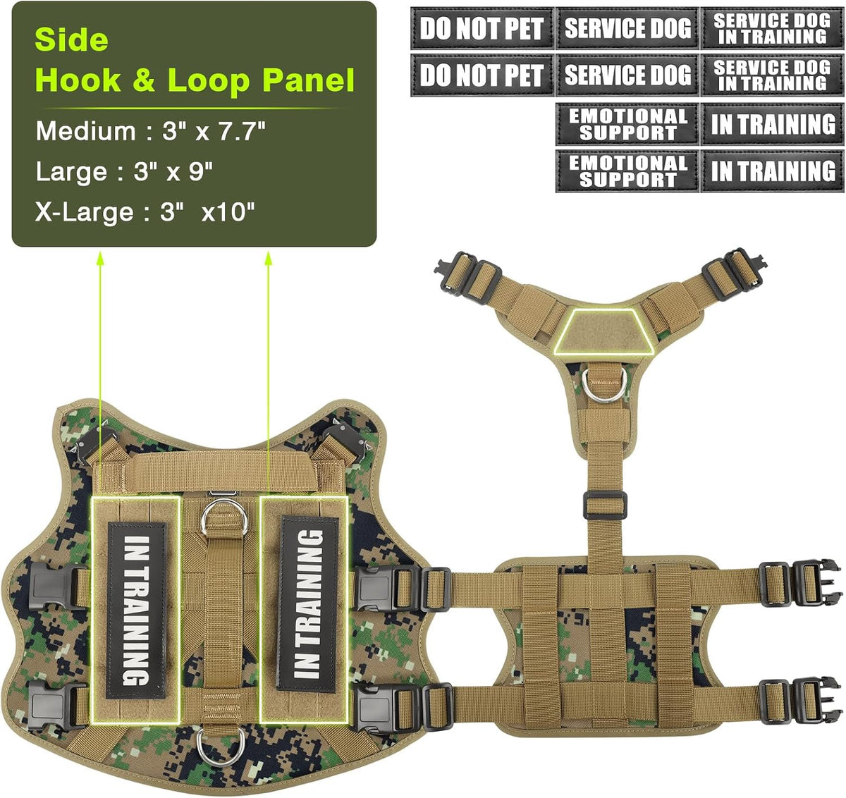 Service Dog Vest Harness for Large Dog, Tactical Working MOLLE Vest with 10 Pet Patches, No Pull Heavy Duty Harness for Training Walking