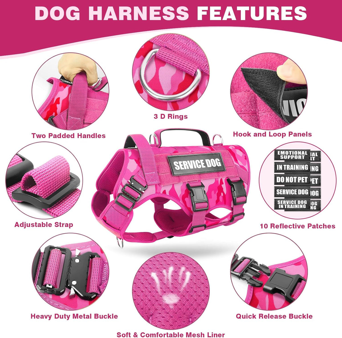 Service Dog Vest Harness for Large Dog, Tactical Working MOLLE Vest with 10 Pet Patches, No Pull Heavy Duty Harness for Training Walking