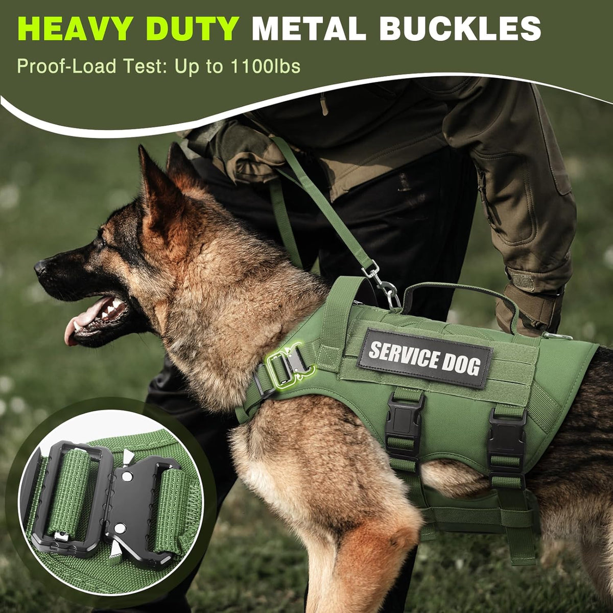 Service Dog Vest Harness for Large Dog, Tactical Working MOLLE Vest with 10 Pet Patches, No Pull Heavy Duty Harness for Training Walking