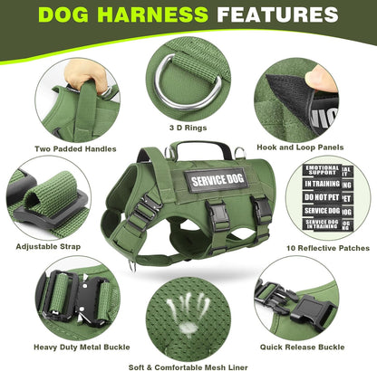 Service Dog Vest Harness for Large Dog, Tactical Working MOLLE Vest with 10 Pet Patches, No Pull Heavy Duty Harness for Training Walking