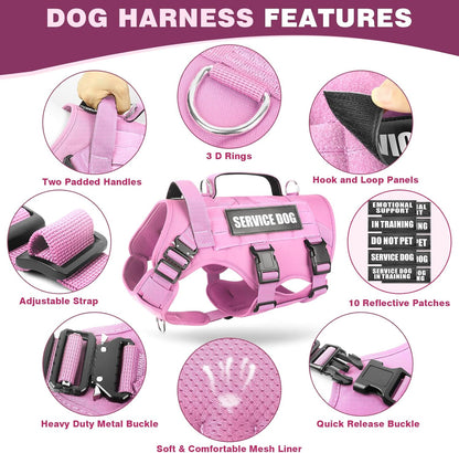 Service Dog Vest Harness for Large Dog, Tactical Working MOLLE Vest with 10 Pet Patches, No Pull Heavy Duty Harness for Training Walking