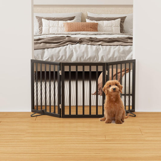 Wooden Dog Gate Freestanding Foldable 4 Panel Pet Gates Extra Wide Dog Gates for Indoor Doorways Stairs 24in Height Support Feet Included