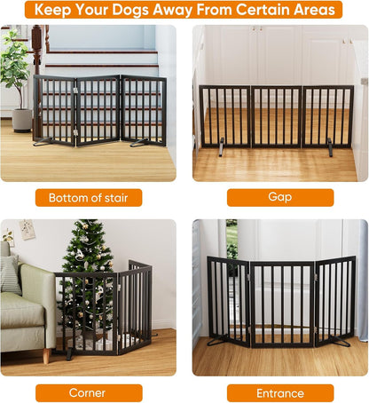 Wooden Dog Gate Freestanding Foldable 4 Panel Pet Gates Extra Wide Dog Gates for Indoor Doorways Stairs 24in Height Support Feet Included