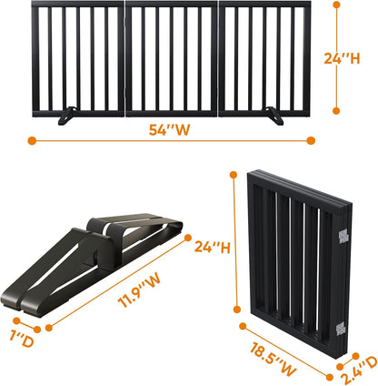 Wooden Dog Gate Freestanding Foldable 4 Panel Pet Gates Extra Wide Dog Gates for Indoor Doorways Stairs 24in Height Support Feet Included