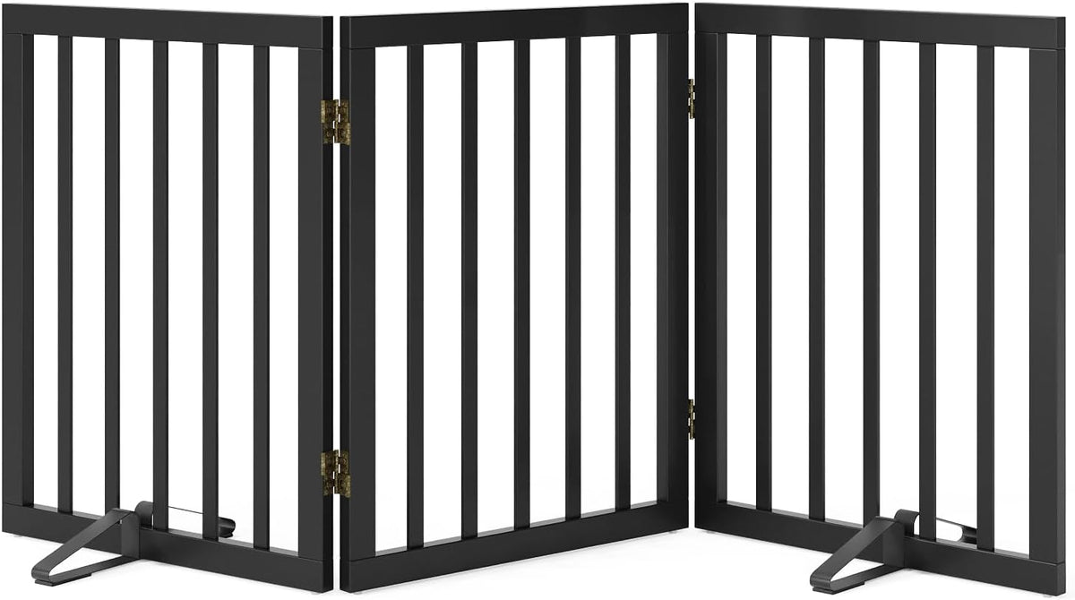 Wooden Dog Gate Freestanding Foldable 4 Panel Pet Gates Extra Wide Dog Gates for Indoor Doorways Stairs 24in Height Support Feet Included